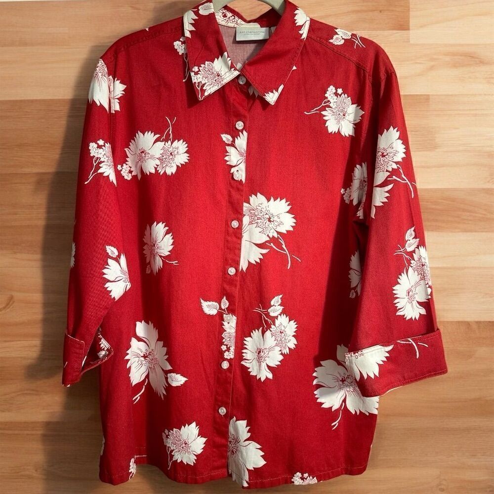 Liz Claiborne Red Floral 3/4 Cuff Sleeve Button-Up 100% Cotton Shacket Shirt